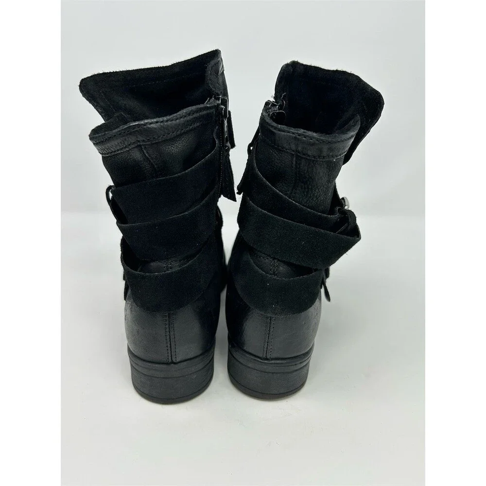Miz Mooz Shane Womens Ankle Moto Bootie Black Side Zip Buckle Straps Size 39